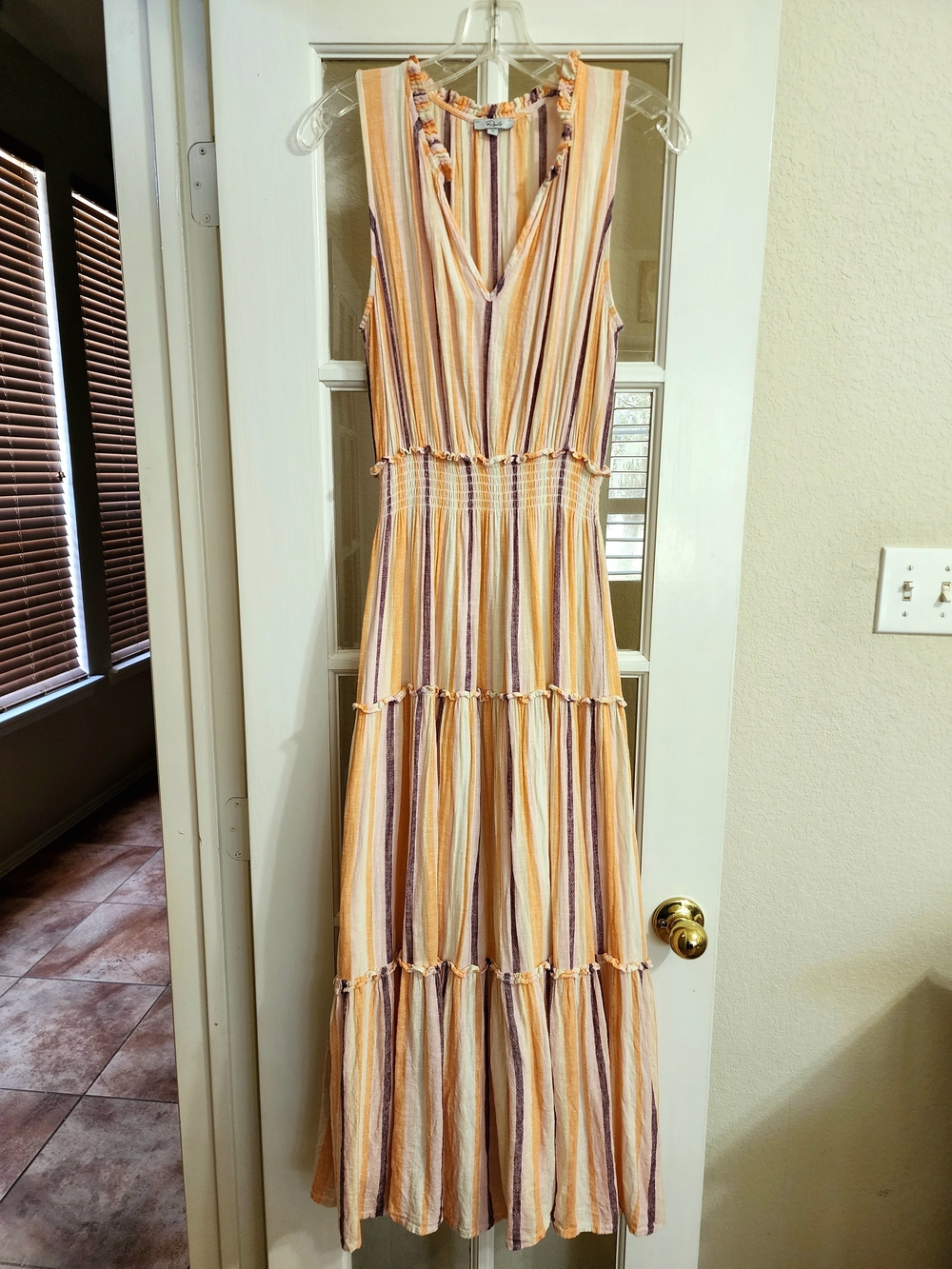 Rails LouLou Papaya Stripe Linen Blend Tiered Maxi Dress M